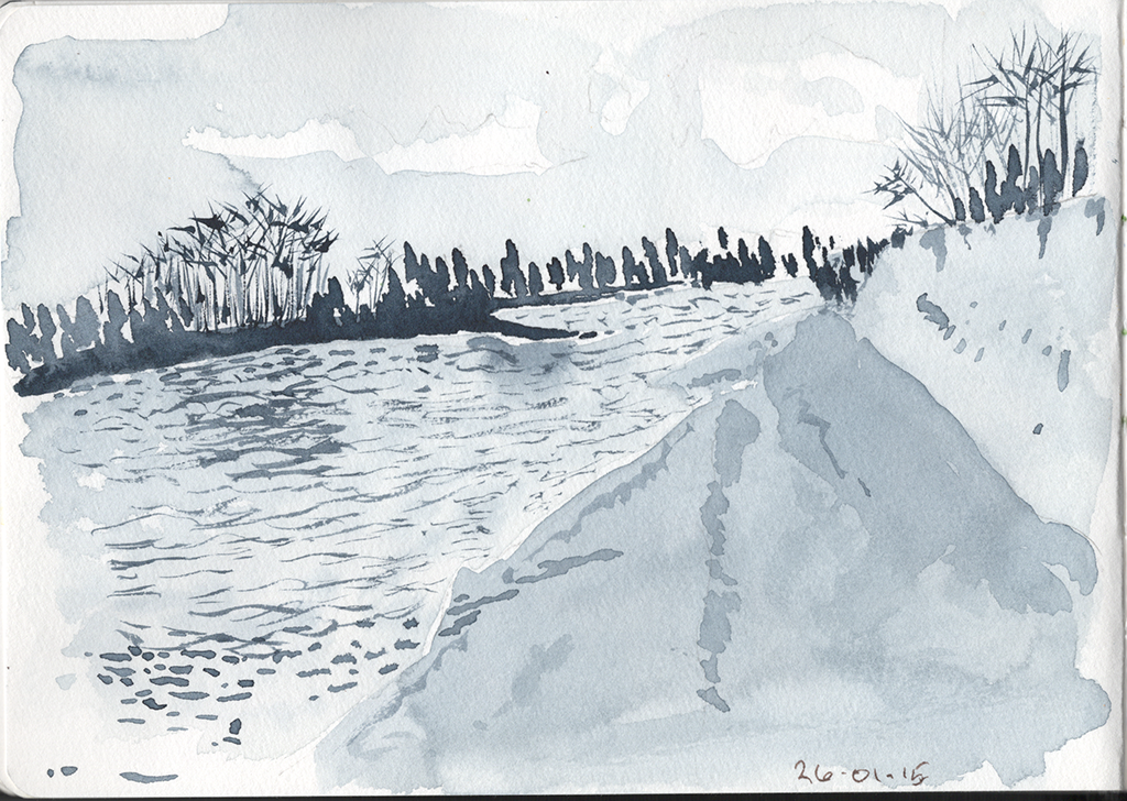 Line and wash sketch. Quick study of a landscape scene. A river flowing from the bottom left of the image towards the top right. The far bank has tree silhouettes. The right bank is a sandbar with trees and shrubs at the top.
