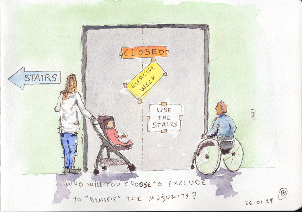 Line and wash sketch. A parent with a kid in a stroller and a wheelchair user are in front of an elevator. There are several signs on the elevator. Closed. Exercise week. Use the stairs. There is an arrow pointing towards the stairs. A handwritten note says: Who will you chose to exclude to benefit the majority? Signed and dated January 29, 2026.