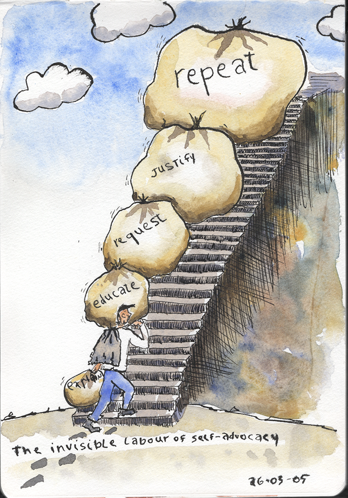 Ink and watercolor sketch of a man at the bottom of a long and uneven stone staircase. He's carrying a bag on his back. He is dragging a small bag behind him in his left hand. The bag says "explain". On his shoulder he has a bigger bag that says "educate". Above that an even bigger bag that says "Request". And another bigger bag that says "Justify", and the bag at the very top, bigger still, says "Repeat". A caption at the bottom of the sketch says "The invisible labour of self-advocacy". It is dated March 5, 2026.