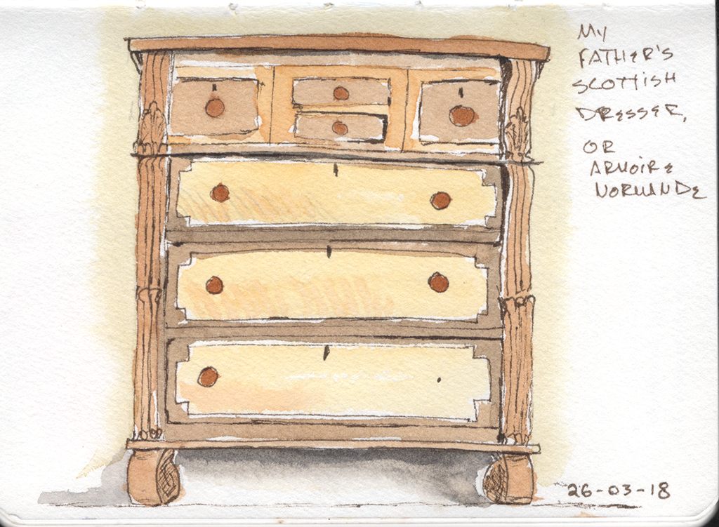 Line and wash sketch. A wooden chest of drawer. There are three big drawers below a set of 2 square drawers on each side and two small drawers one above another.