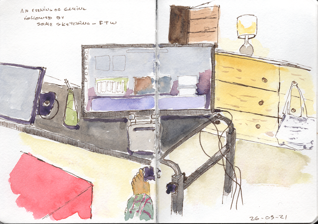 Line and wash sketch. Two portable monitors on a narrow table on wheels. A foot appears under the table. The corner of a red sofa. A wooden dresser on the wall with a small lamp.