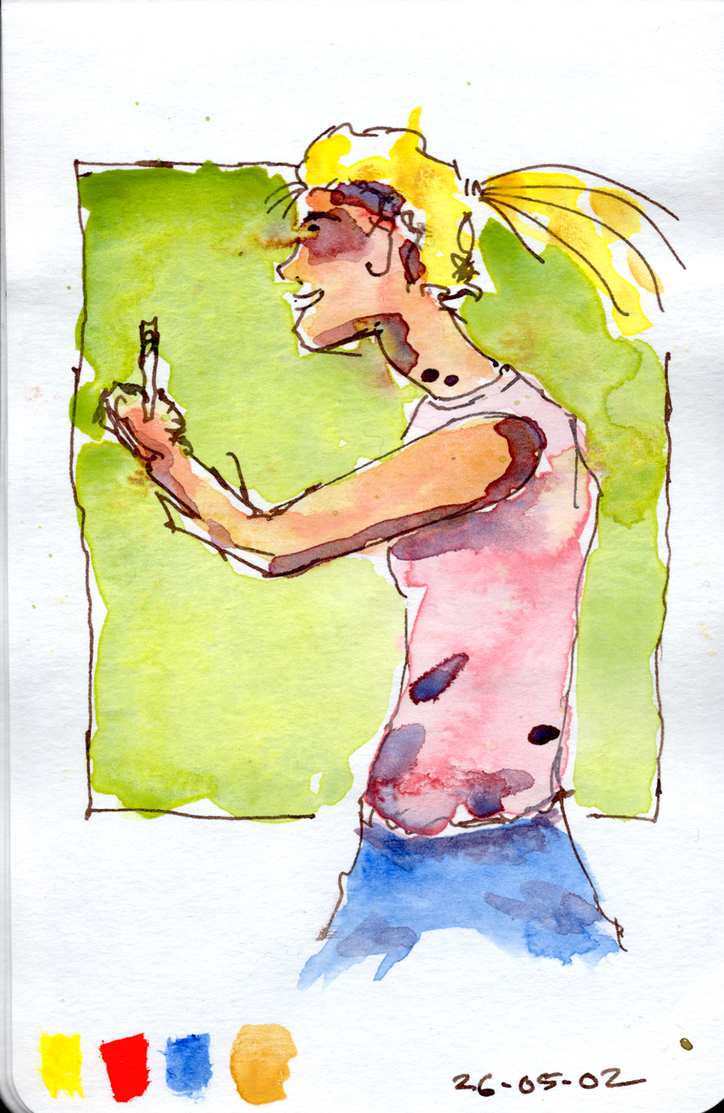 Ink and watercolor sketch of a young fictious woman viewed in profile. She's wearing a pink tank top, and has long blond hair. She's holding a phone in our outstretched had. There is a green background behind part of her.
