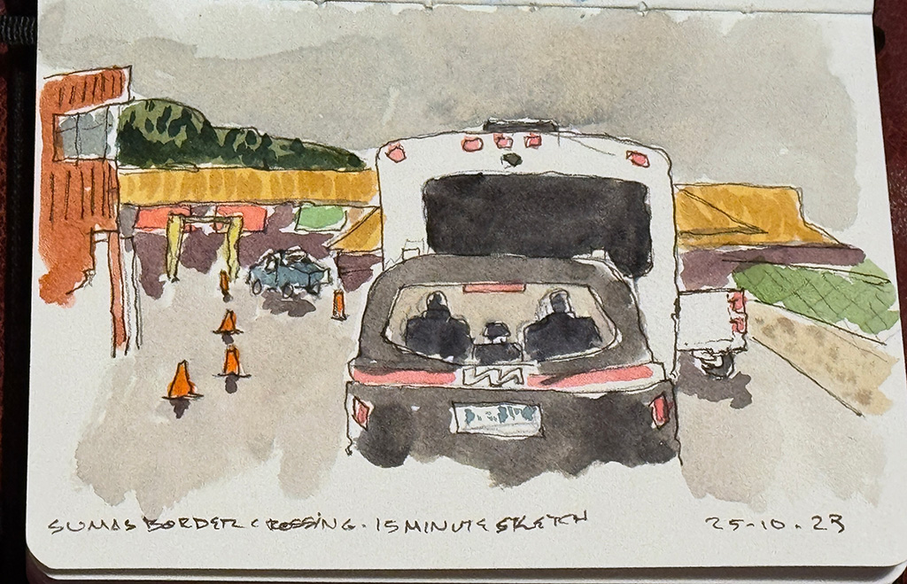 Line and wash sketch. The back of a small car with people in it viewed through the rear window. In front of the car is the back of a trailer RV. A white pickup truck is trying to get in front of the RV from the right. In the midground is the border control, with two closed gates with red signs about them, and one open gate with green sign about it. Some traffic cones are creating lines to follow. A mountain in the distance with a grey sky full of menacing clouds.