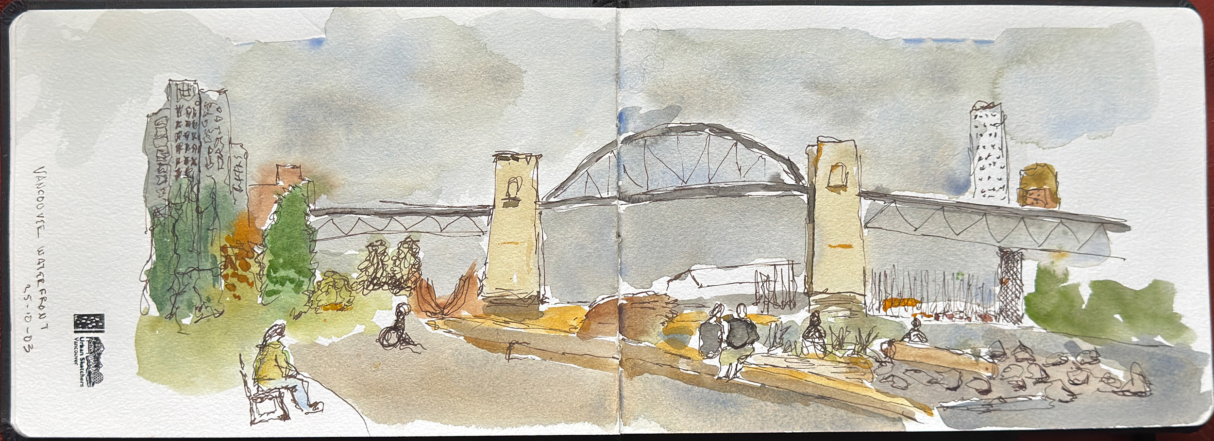 Line and wash sketch. A bridge in Vancouver, viewed from a pathway at water level. There are two large square towers holding the bridge up. Several people are in the scene. One sitting on a bench on the left. Two sitting on a low stone wall on the right. Two cleaning up rubbish from the water's edge. The sky is grey and heavy. The tone of the image is dull - it was an overcast day with moments of drizzle.