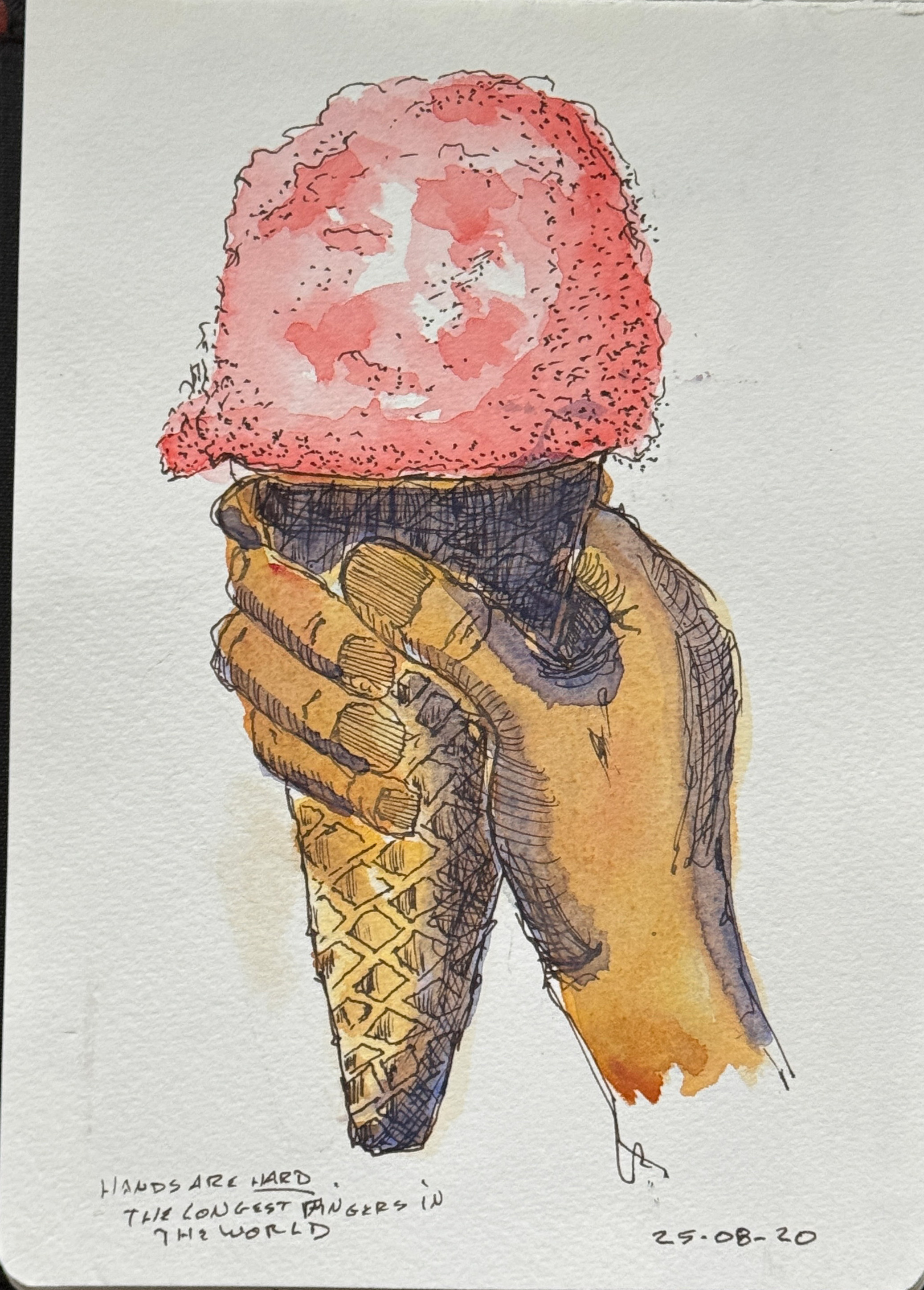 Line and wash sketch. A hand that isn't following the right propotions holding an ice cream cone made of a waffle cone. The ice cream ball is pink. .
