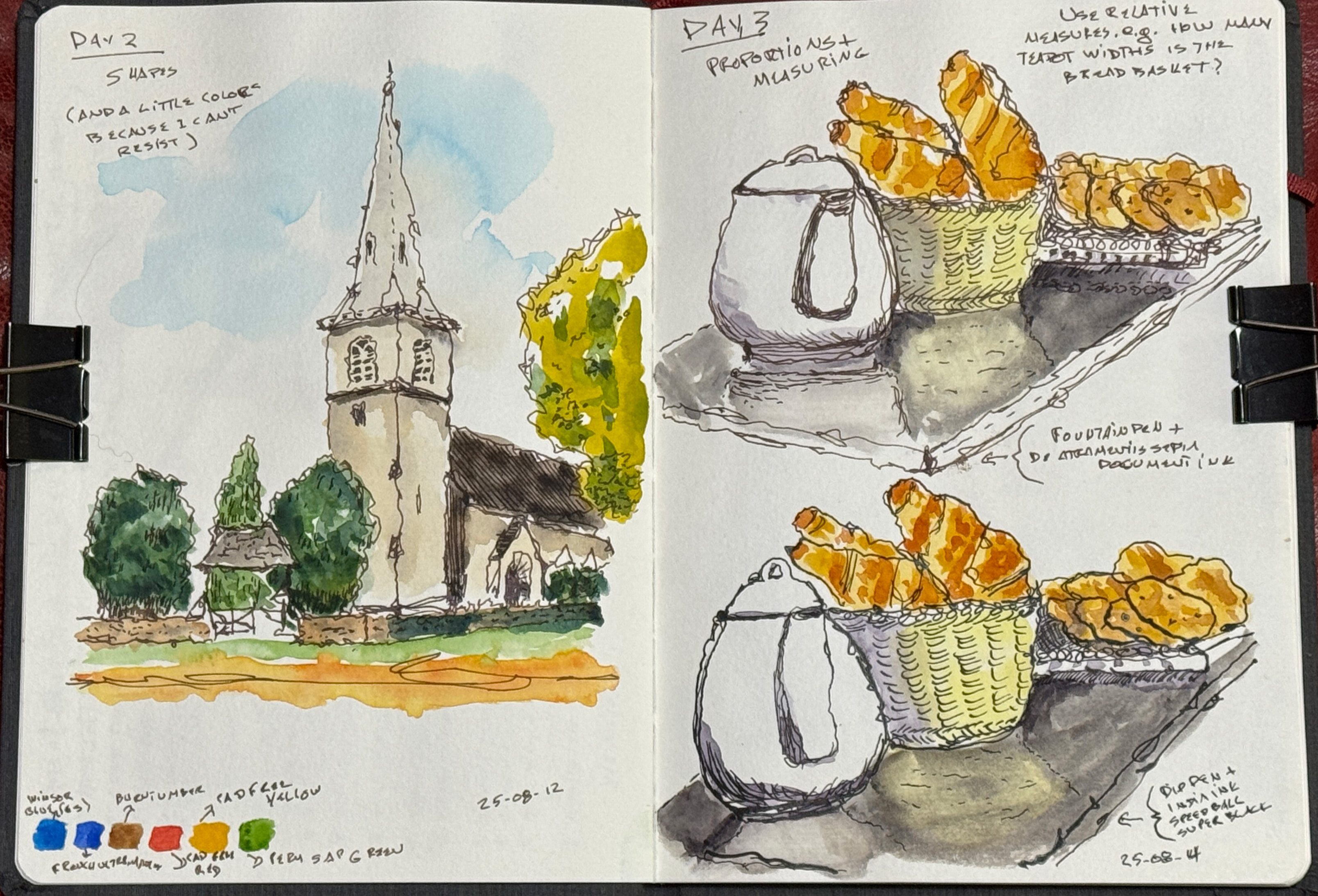 Line and wash sketches.Two pages in a sketchbook. The image on the left is of a church and was the homework for Day 2 of a course. The images on the right are the same image, done differently. There are many hand written notes about what kind of pen, ink, and watercolor used.