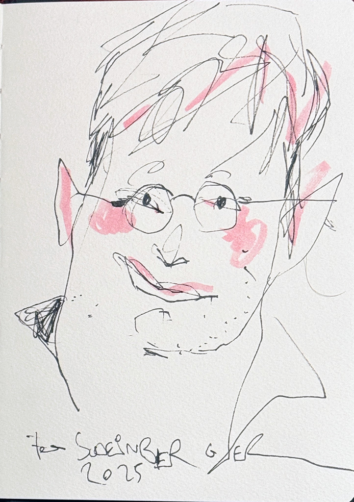 Portrait of Nic in black fineliner with some pink highlighter.