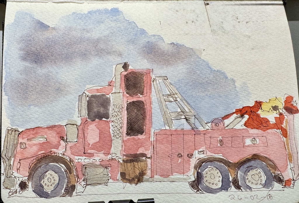 Line and wash sketch. A large red heavy rescue truck, seen in profile.