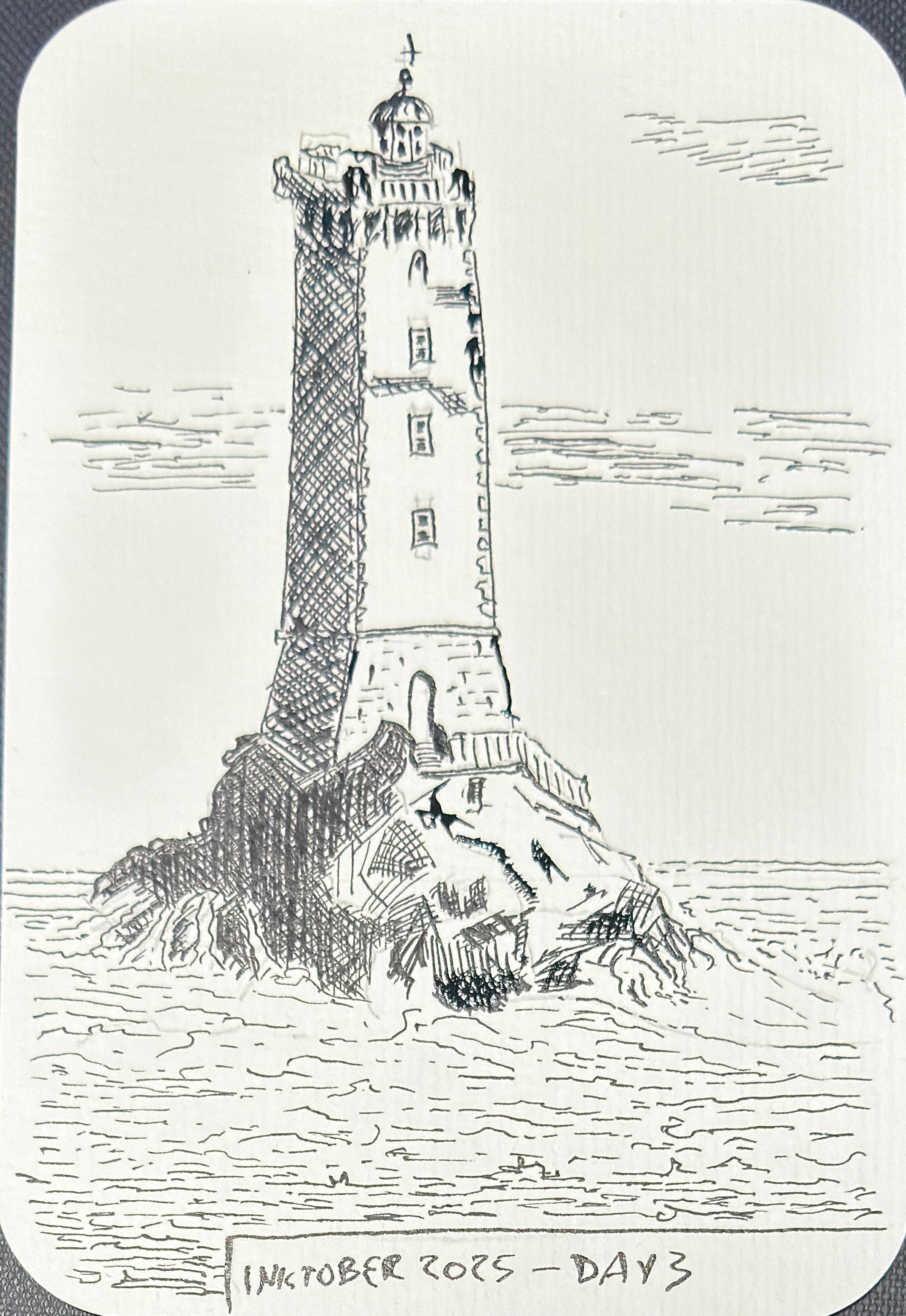 Dip pen and ink sketch. A lighthouse on a rock.