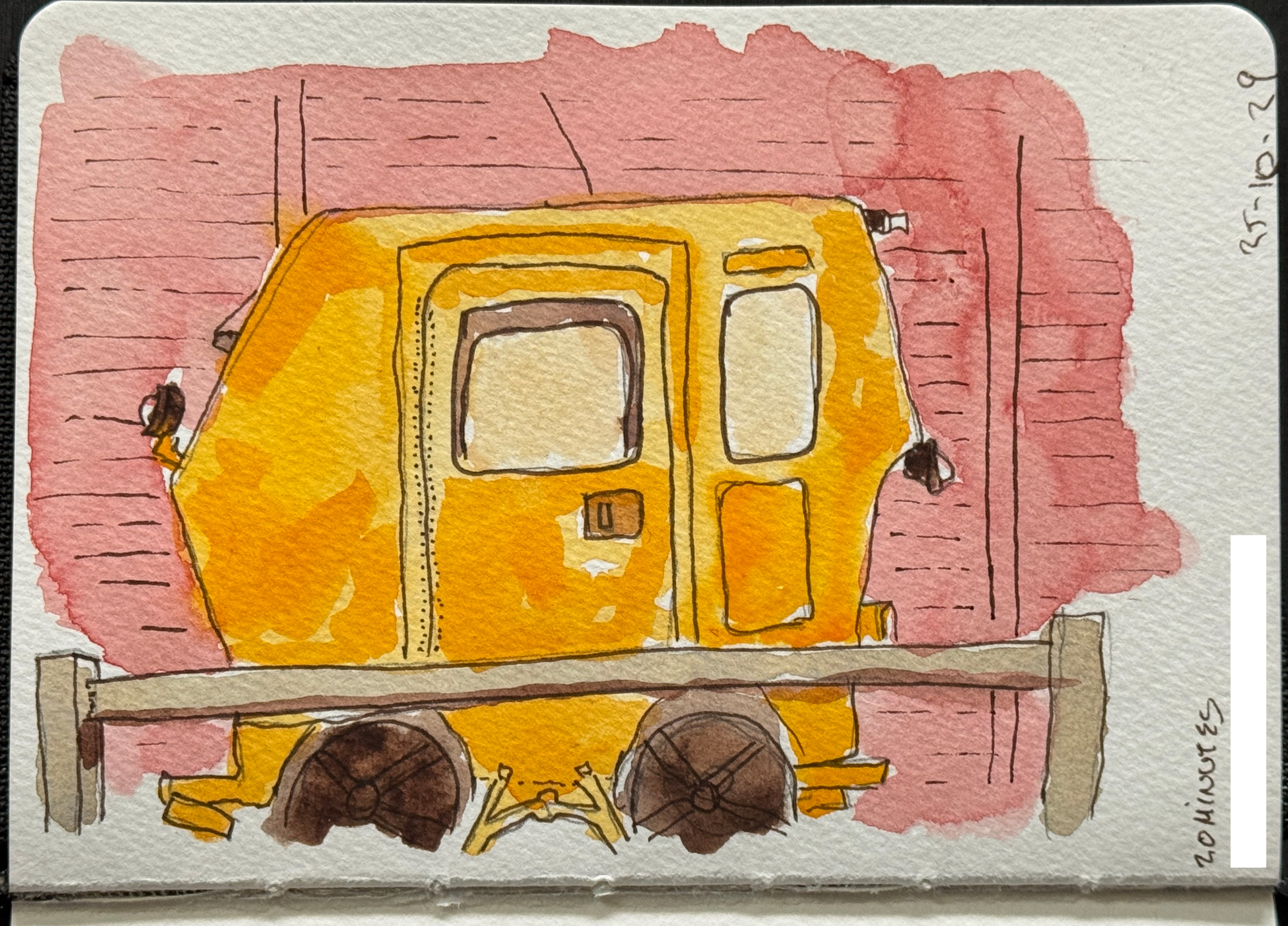 Line and wash sketch. A small yellow cabin on wheels, viewed in profile. It has a side door taking up 50% of the side, and a small rectangular port.