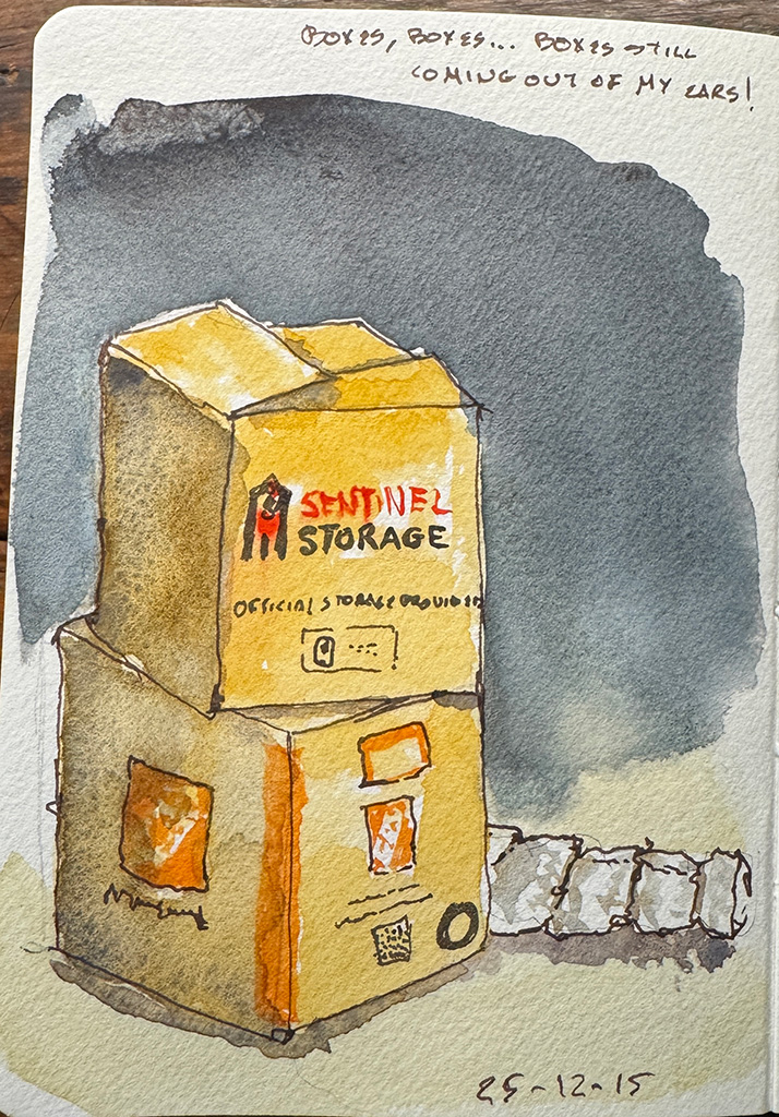 Line and wash sketch. Two cardboard boxes stacked on top of one another. The box on the bottom has the orange markings of a Home Depot moving box. The box on top is from Sentinel Storage. The background is dark, deep shade. 