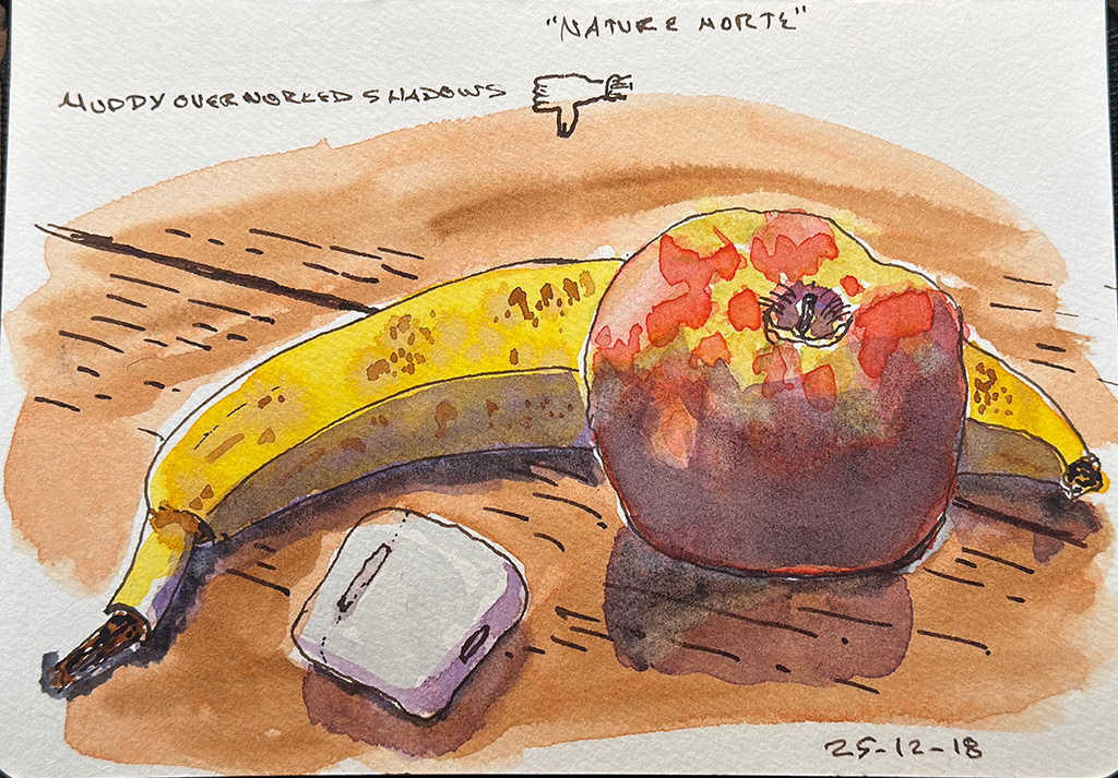 Line and wash sketch. An apple in front of a banana on a brown table, with an AirPod case beside them.