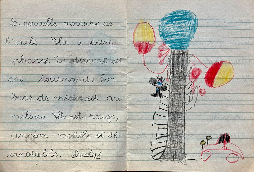 Line and wash sketch. 2 pages of a lined notebook. A child's handwriting (text below), and a drawing of a car and some kind of pole with stuff sticking out of it. Hard to interpret what I was thinking so many decades ago!.