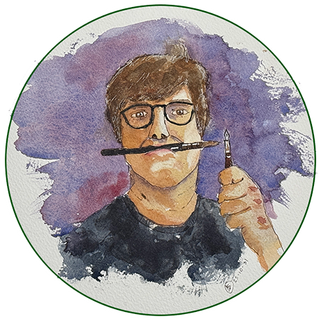 Line and wash self-portrait of Nicolas Steenhout. He has a black mop style paintbrush in his mouth and is holding a fountain pen in his left hand, pointing up.
