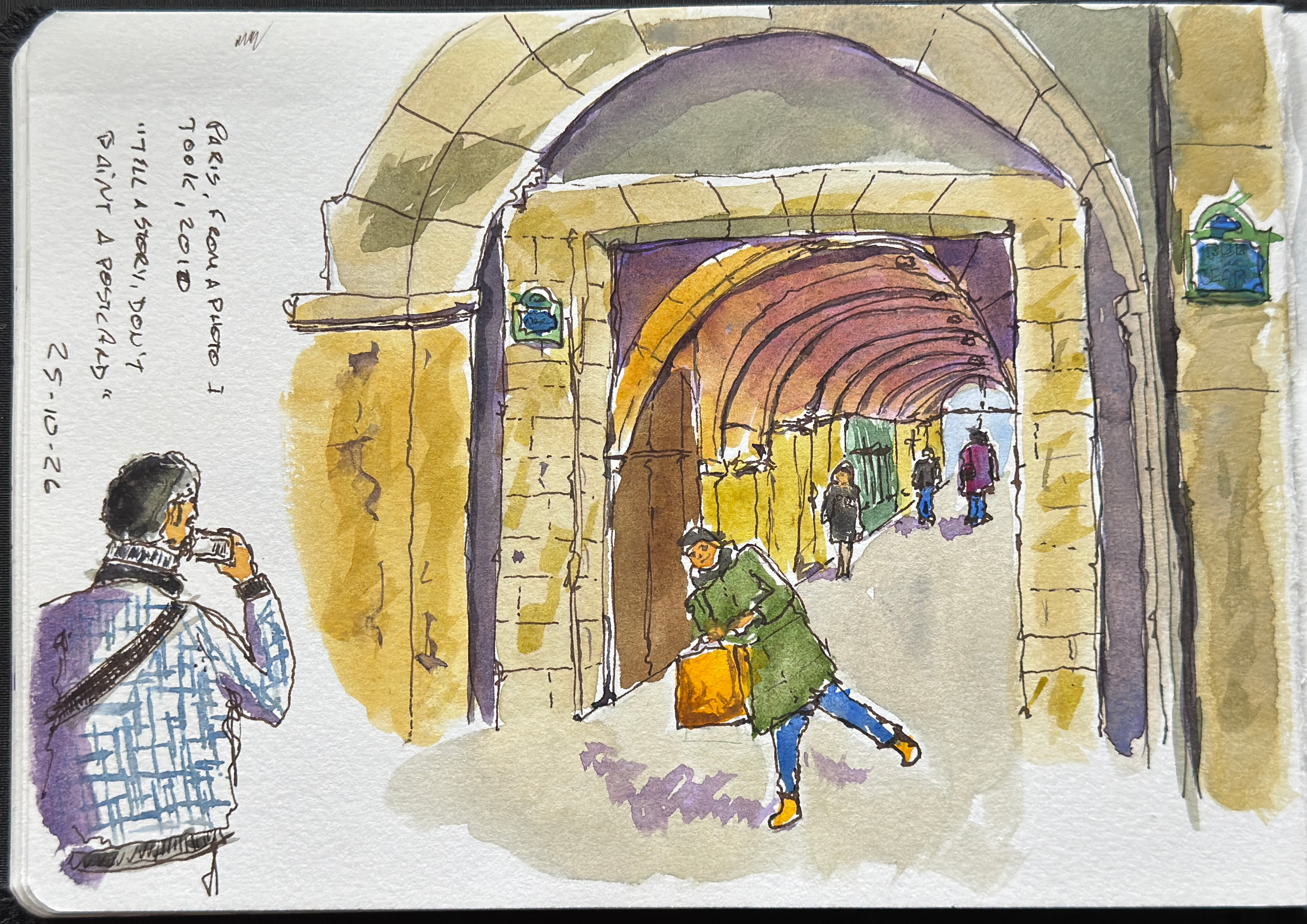 Line and wash sketch. The scene is of a person, viewed from the back, taking a photo of another person standing at the entrance of an old arcade. This person is standing on one leg and appears to be quite playful. There are other people walking in the arcade in the distance. The arcade has a semi-circular roof.